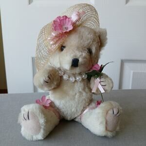 Cafi Beige Teddy Bear 9" Pink Floral hat and pearls ribbon jointed vintage
